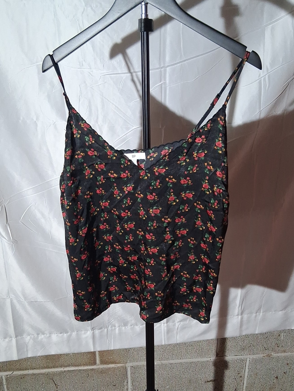 bp Black Floral Spaghetti Strap Camisole with Red Roses